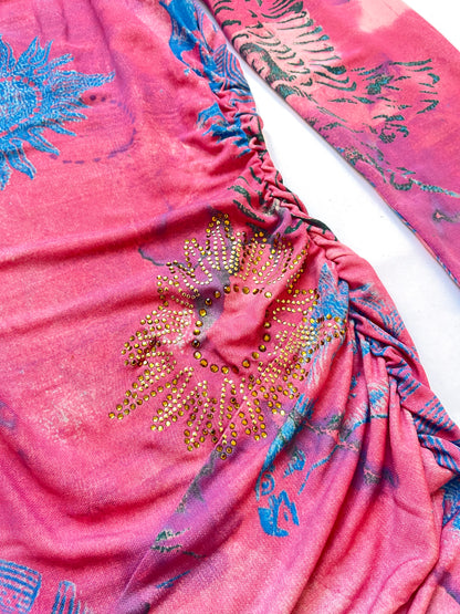 Roberto Cavalli Class ~ 2000s pink ruched tattoo print dress S-M
