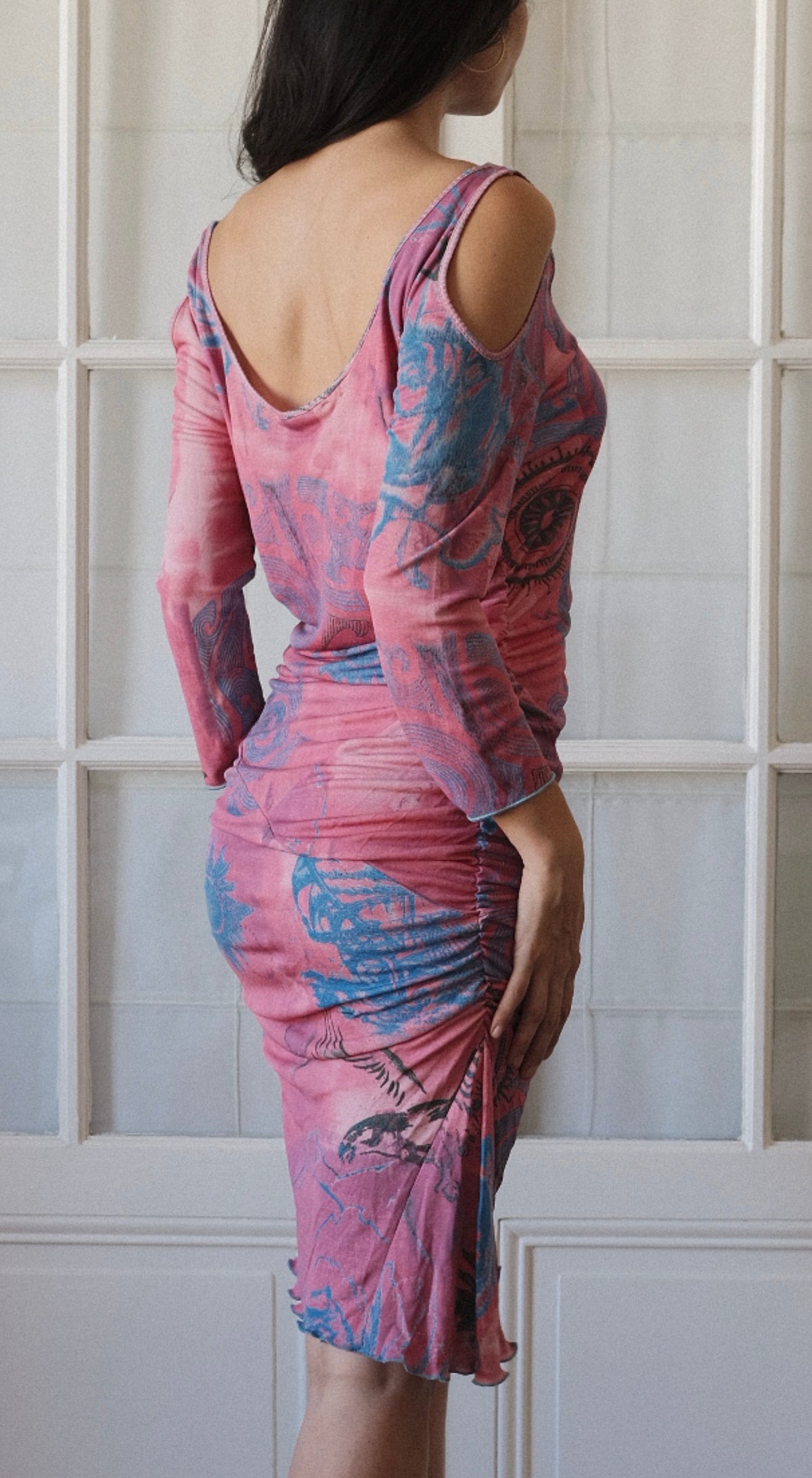 Roberto Cavalli Class ~ 2000s pink ruched tattoo print dress S-M