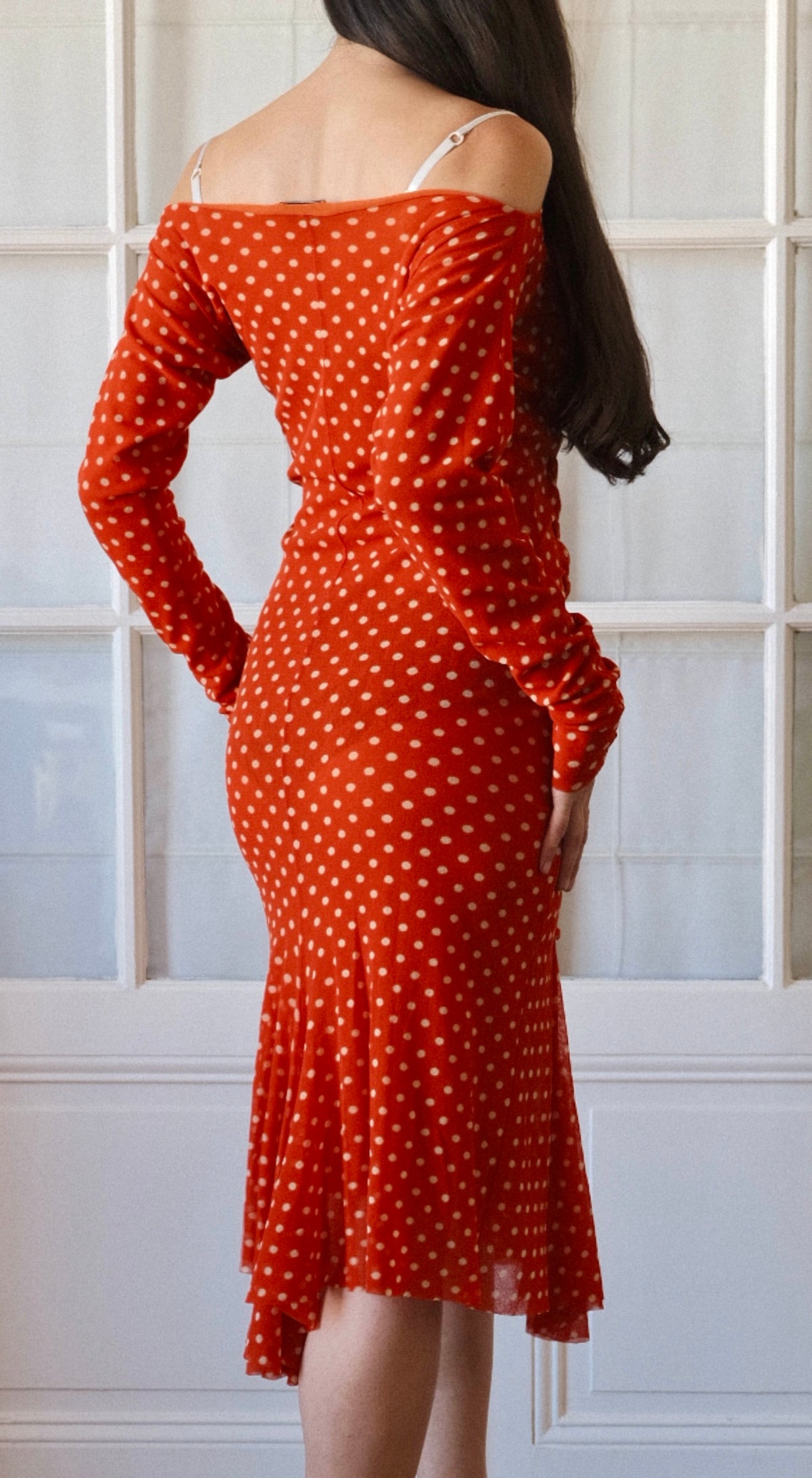 Fuzzi ~ 2000s red mesh lace-up polka dot dress S-M