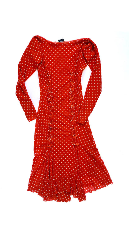 Fuzzi ~ 2000s red mesh lace-up polka dot dress S-M